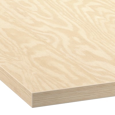 Una encimera de madera contrachapada beige claro EKBACKEN. Es rectangular con bordes lisos y acabados. La tapa es de un color claro y natural de la madera.