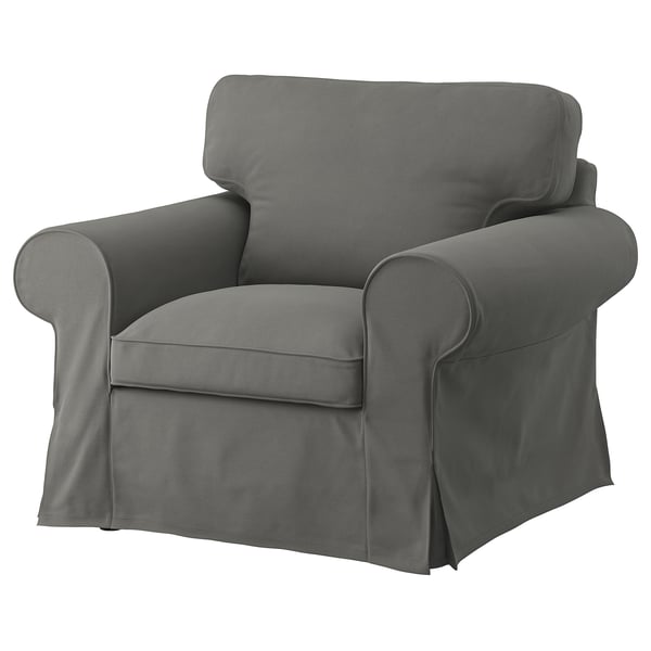 Un sillón EKTORP gris con una funda lisa y desenfundable. Tiene un diseño clásico de brazo enrollado y cojines de felpa.