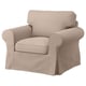 Un sillón EKTORP beige con diseño de brazo enrollable, recubierto de un tejido extraíble y lavable a máquina.