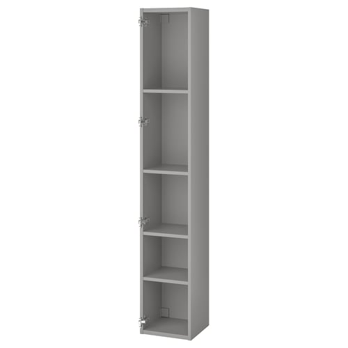 Un armario de almacenamiento alto ENHET gris. Es delgada, rectangular, con cuatro estantes abiertos, ideal para espacios pequeños.