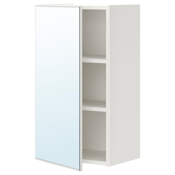 Mueble blanco con espejo ENHET, rectangular, de pared, con dos estantes en su interior.