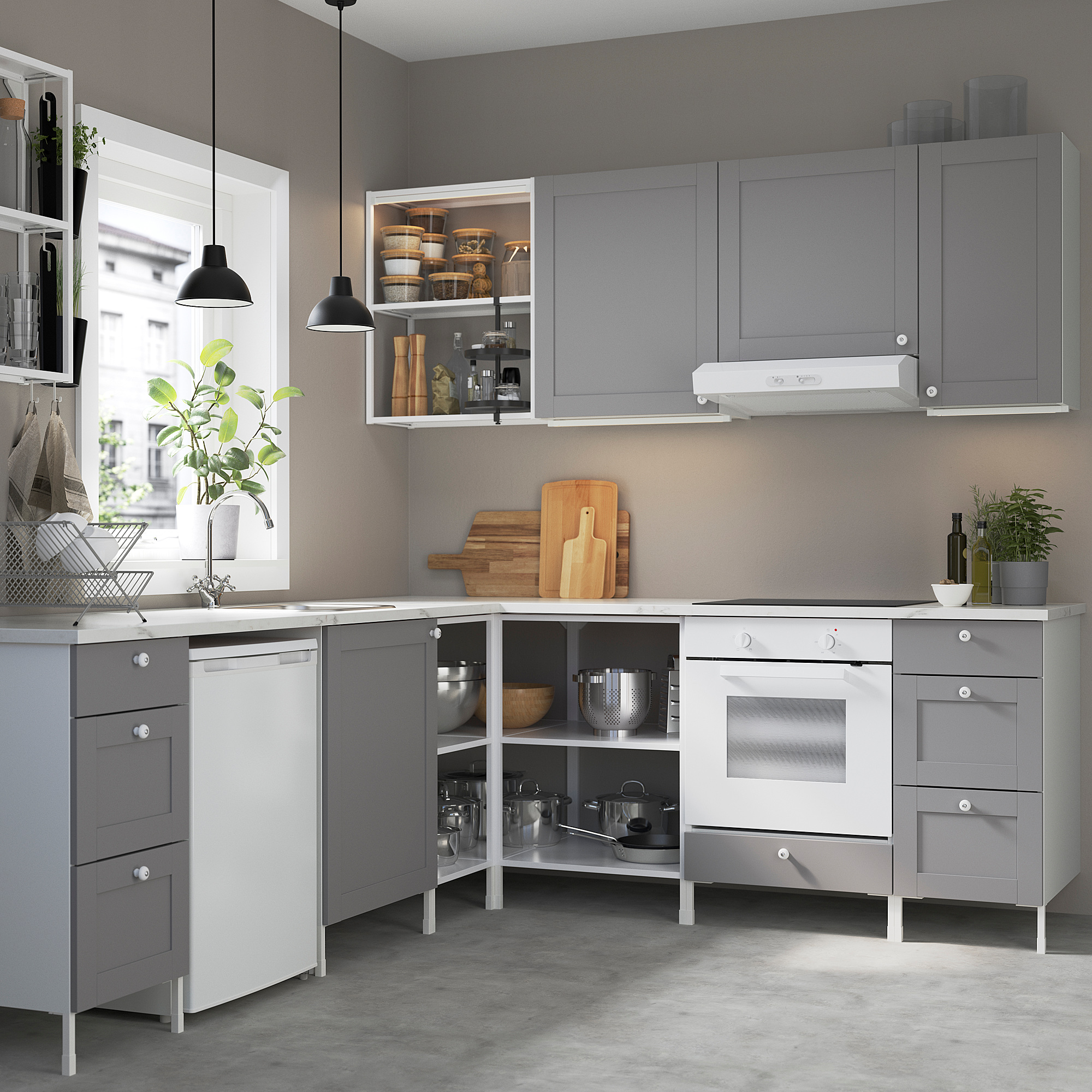 ENHET Cocina de esquina - blanco/gris estructura - IKEA