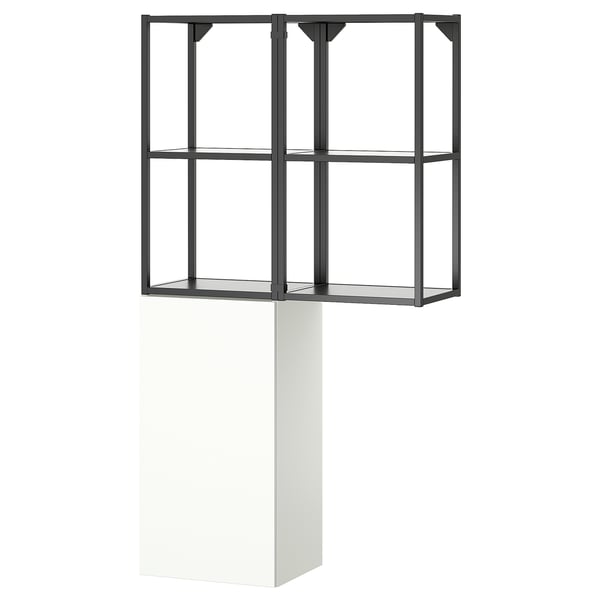 Un mueble de almacenaje ENHET de ikea en color blanco con estructura metálica negra. Es un espacio de almacenamiento abierto y cerrado, combinando la funcionalidad con un diseño moderno.