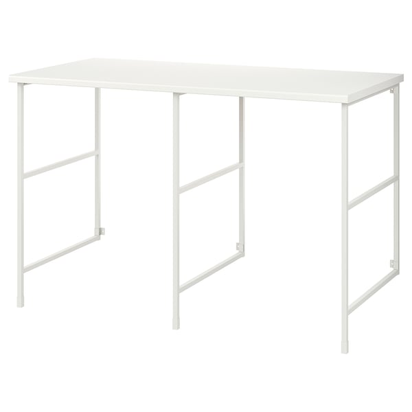 Un escritorio ENHET blanco con tapa rectangular y patas metálicas. Tiene un diseño elegante y minimalista adecuado para espacios modernos.