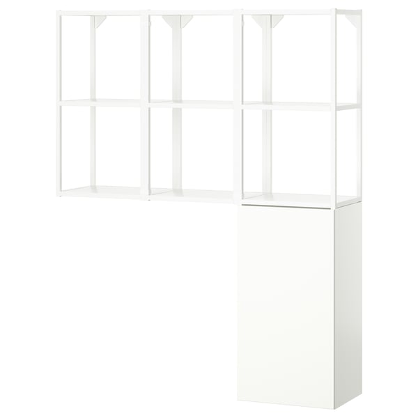 Representa una unidad de almacenamiento ENHET blanca con una mezcla de estantes abiertos y gabinetes cerrados, ideal para uso en la cocina, el baño o la lavandería.