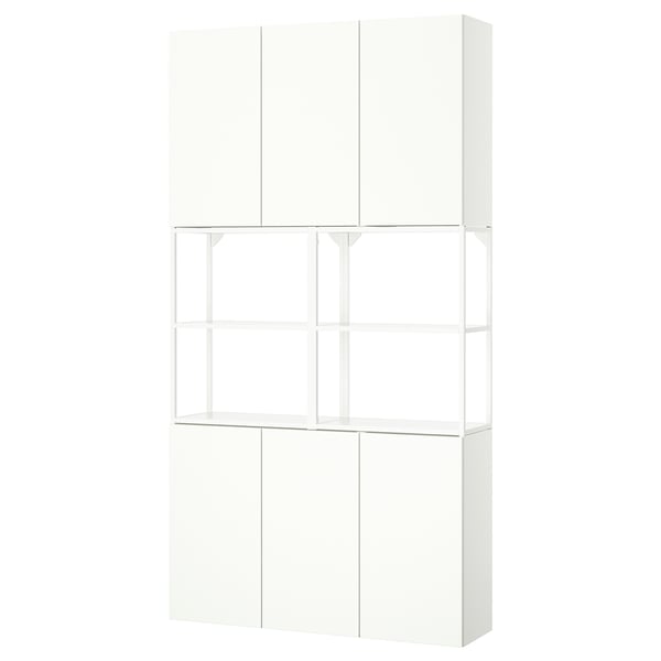 Mueble de almacenaje ENHET blanco, diseño moderno con mezcla de armarios abiertos y cerrados.