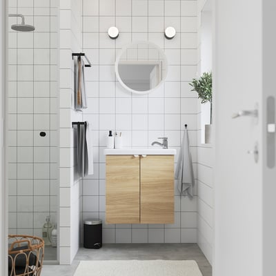 ENHET / TVÄLLEN Mueble con puertas, lavabo y grifo, blanco/efecto roble, 64x33x65 cm