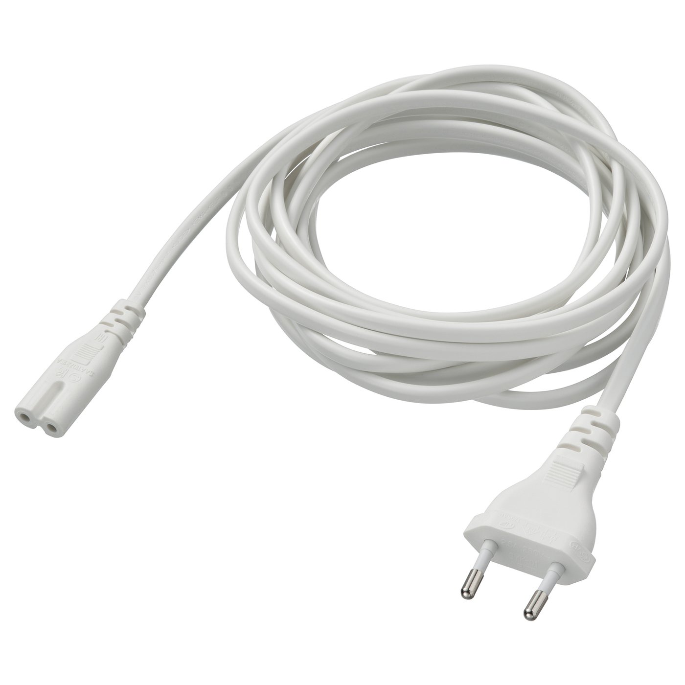 Un cable de alimentación FÖRNIMMA blanco, en espiral, con un enchufe europeo, hecho de plástico pvc.
