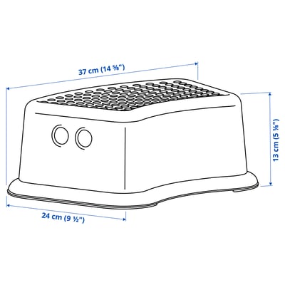 Un taburete FÖRSIKTIG blanco con puntos azules antideslizantes en la parte superior. Tiene forma cuadrada con bordes redondeados y dos pequeños agujeros en el lateral para transportar.