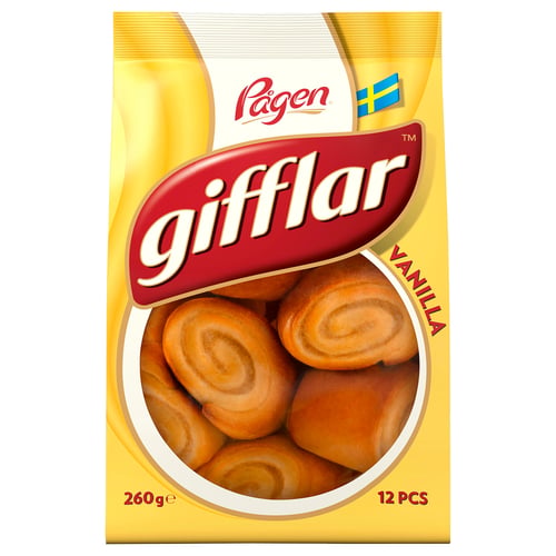 Caja de pasteles de vainilla giffar de Pagen. Rollos dorados empaquetados en una caja amarilla. 260g, 12 piezas.