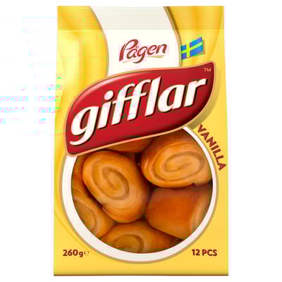 Caja de pasteles de vainilla giffar de Pagen. Rollos dorados empaquetados en una caja amarilla. 260g, 12 piezas.