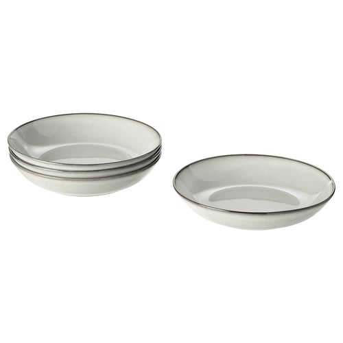 Dos cuencos redondos de cerámica de color gris claro, una pila de tres, diseño sencillo con borde negro, adecuados para mesas elegantes.