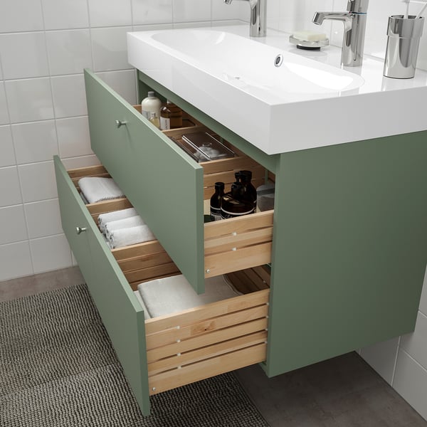 GODMORGON Armario lavabo 2 cajones, Gillburen verde grisáceo, 100x47x58