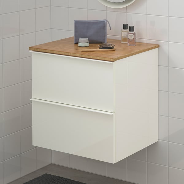 GODMORGON / TOLKEN Armario lavabo 2 cajones, alto brillo blanco, bambú