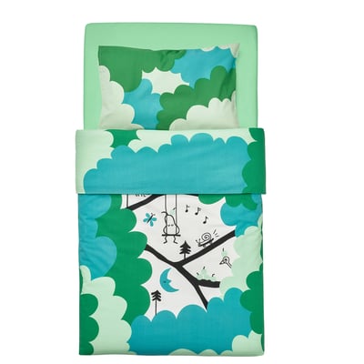 Juego de cama para bebés, GRÖNFINK. Diseño de bosque verde, azul, blanco. Algodón suave, viscosa. Incluye sábana, funda, funda de almohada.