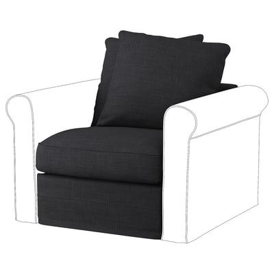 Un sillón GRÖNLID gris oscuro con un diseño elegante y curvo y brazos enrollados. La tapicería está hecha de una mezcla de algodón, poliéster, viscosa y lino.