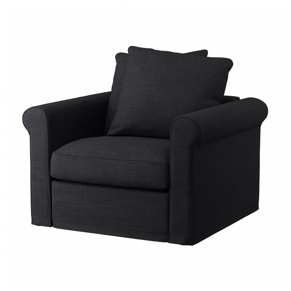 Sillón GRÖNLID negro, felpa y suave, brazos enrollados, tejido oscuro texturizado, diseño acogedor.