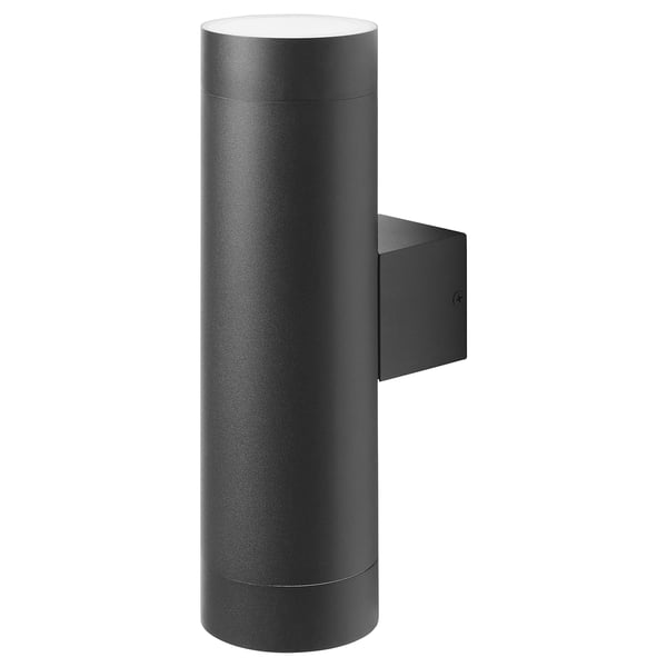 Una lámpara de pared de exterior cilíndrica negra llamada GRÖNSPRÖT. Fabricado en aluminio y acero inoxidable, tiene un diseño moderno con dos bombillas para una iluminación brillante.