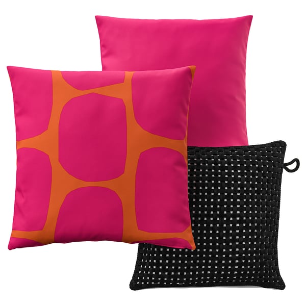 GULLBERGSÖ / HJÄRTERÖ Cojín, juego3, rosa intenso/naranja intenso rosa vivo/negro exterior/interior, 50x50 cm