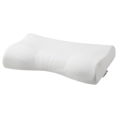 Almohada HAGTORNSFLY: blanca, ergonómica, forma curvada, espuma de látex, materiales reciclados.
