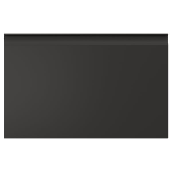 Moderno mueble de almacenaje rectangular negro con elegantes bordes biselados y asas minimalistas integradas.