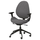 Moderna silla de oficina gris con reposabrazos negros, diseño ergonómico, cinco ruedas y ajustable.