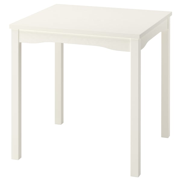 Representa una mesa de comedor HAUGA blanca, un diseño cuadrado de madera con una tapa lisa y cuatro patas robustas, perfecta para espacios pequeños.
