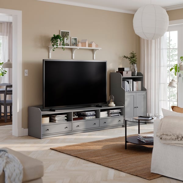 HAUGA Mueble TV con almacenaje, gris, 276x46x116 cm