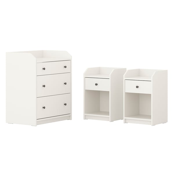 Conjunto de dormitorio HAUGA blanco: cómoda de 3 cajones, 2 mesitas de noche.