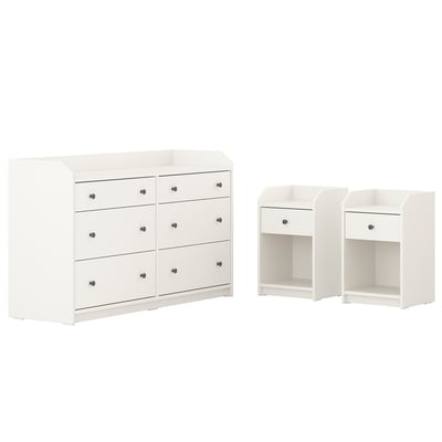 Conjunto de dormitorio HAUGA: cómoda de 6 cajones, 2 mesitas de noche con estantes.
