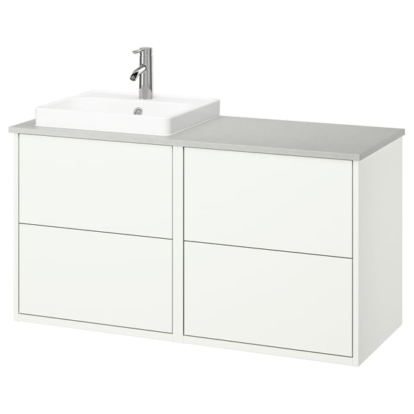 Tocador HAVBÄCK: mueble blanco, fregadero cuadrado, montaje en la pared, diseño moderno y minimalista.