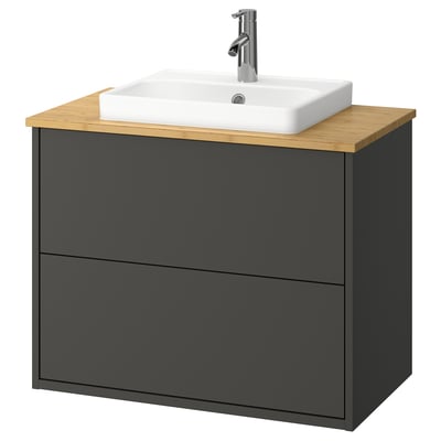 HAVBÄCK; negro, tapa de madera; rectangular; Tocador de baño moderno con lavabo blanco.
