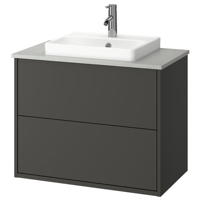 Tocador de baño moderno gris oscuro con lavabo y encimera blancos, diseño limpio, montable en la pared.