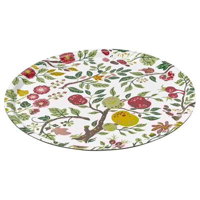 Bandeja decorativa redonda con diseño floral, frutos rojos y hojas verdes sobre fondo blanco. Fabricado en melamina de alta presión.