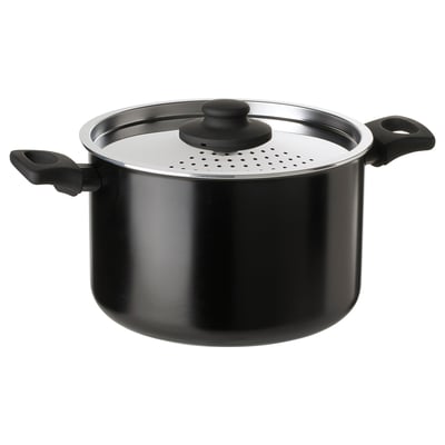Cacerola negra HEMLAGAD, tapa de acero con salida de vapor, asas resistentes, forma redonda, revestimiento antiadherente.