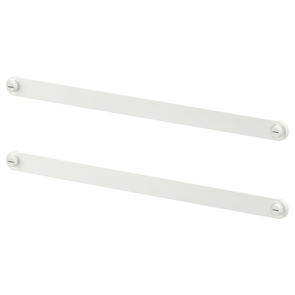 Dos rieles de suspensión de metal blanco con tapas circulares, diseñados para montar organizadores.