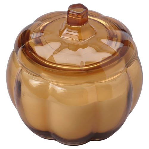 Candelabro de cristal marrón con forma de calabaza y tapa, con aromas cálidos y especiados otoñales. Ideal para la decoración del hogar, creando un ambiente acogedor.