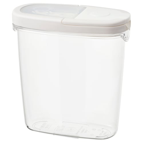 Recipiente transparente para alimentos IKEA 365+, forma rectangular con tapa blanca, fabricado en plástico.