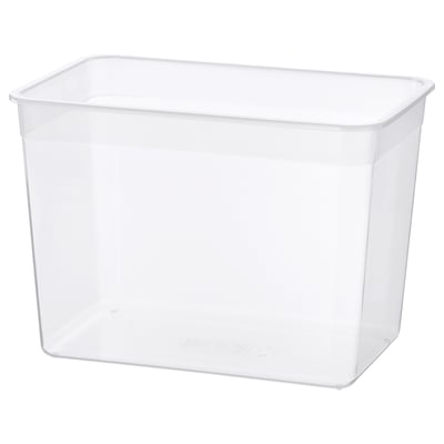 Contenedor de almacenamiento rectangular de plástico transparente de Ikea. Se utiliza para organizar la comida. Fabricado en polipropileno.