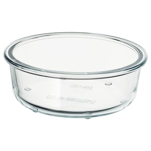 Un recipiente de vidrio transparente para alimentos de IKEA 365+.