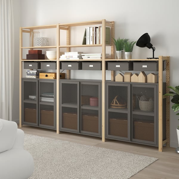IVAR Estantería armario/cajn - pino, gris rejilla - IKEA