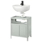 IVÖSJÖN: mueble compacto para fregadero verde claro, lavabo redondo blanco, grifo negro.