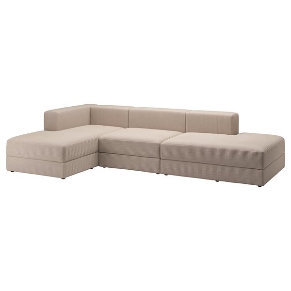 Sofá modular JÄTTEBO en tonos neutros, con forma seccional con cojines mullidos y cómodos y un práctico espacio de almacenaje.