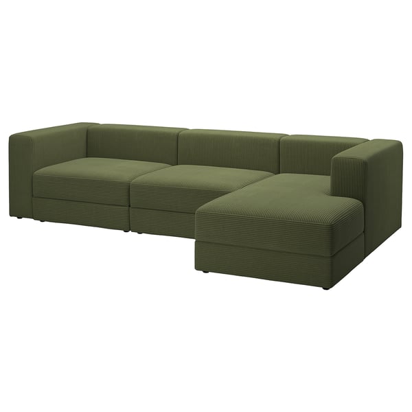 Un sofá modular JÄTTEBO verde oliva con chaise longue, con funda de tela de pana, cojines suaves y almacenamiento integrado.