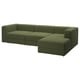 Un sofá modular JÄTTEBO verde oliva con chaise longue, con funda de tela de pana, cojines suaves y almacenamiento integrado.