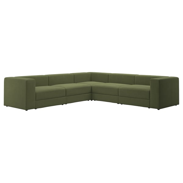 Un sofá modular JÄTTEBO verde en forma de L con una funda de pana texturizada y líneas limpias y modernas.