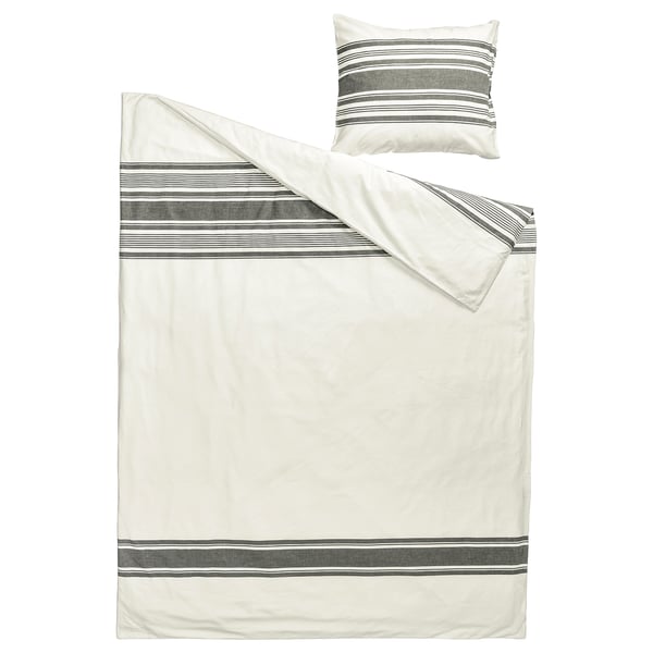 Ropa de cama JÄTTEFRÄKEN blanca, gris rayas, algodón, rectangular, diseño sencillo.