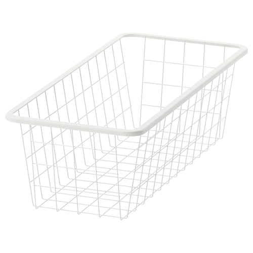Una cesta de almacenamiento de alambre JONAXEL blanca. Es rectangular, con diseño de rejilla, apto para guardar ropa o complementos.
