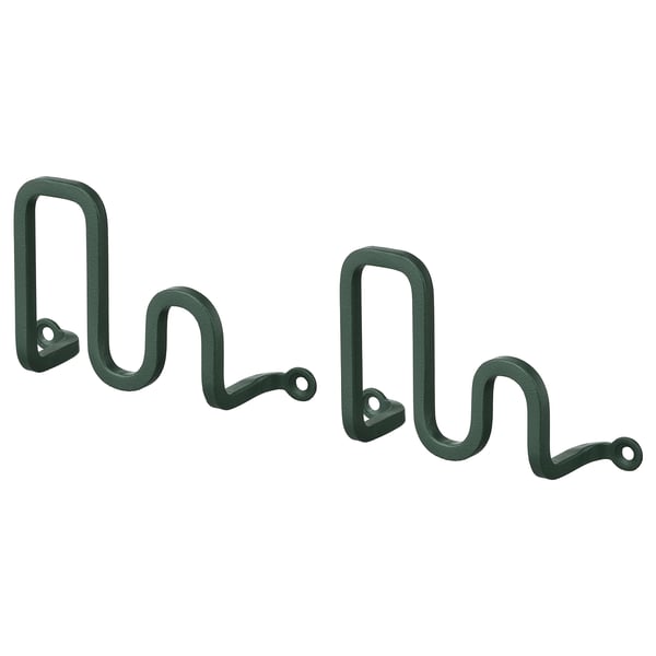 Dos ganchos de color verde oscuro, en forma de onda, colocados uno al lado del otro, con pequeños orificios circulares para el montaje; Elegante y funcional.