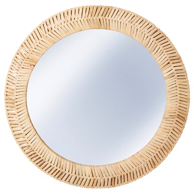 Espejo de ratán KAFFETRÄD: marco japandi natural, beige claro, espina de pescado circular.